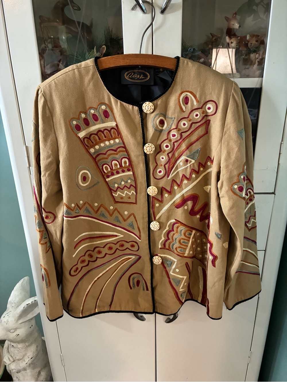 Alex Kin sz S Artisan Embroidered Tan Jacket with Multicolor Accents euc
